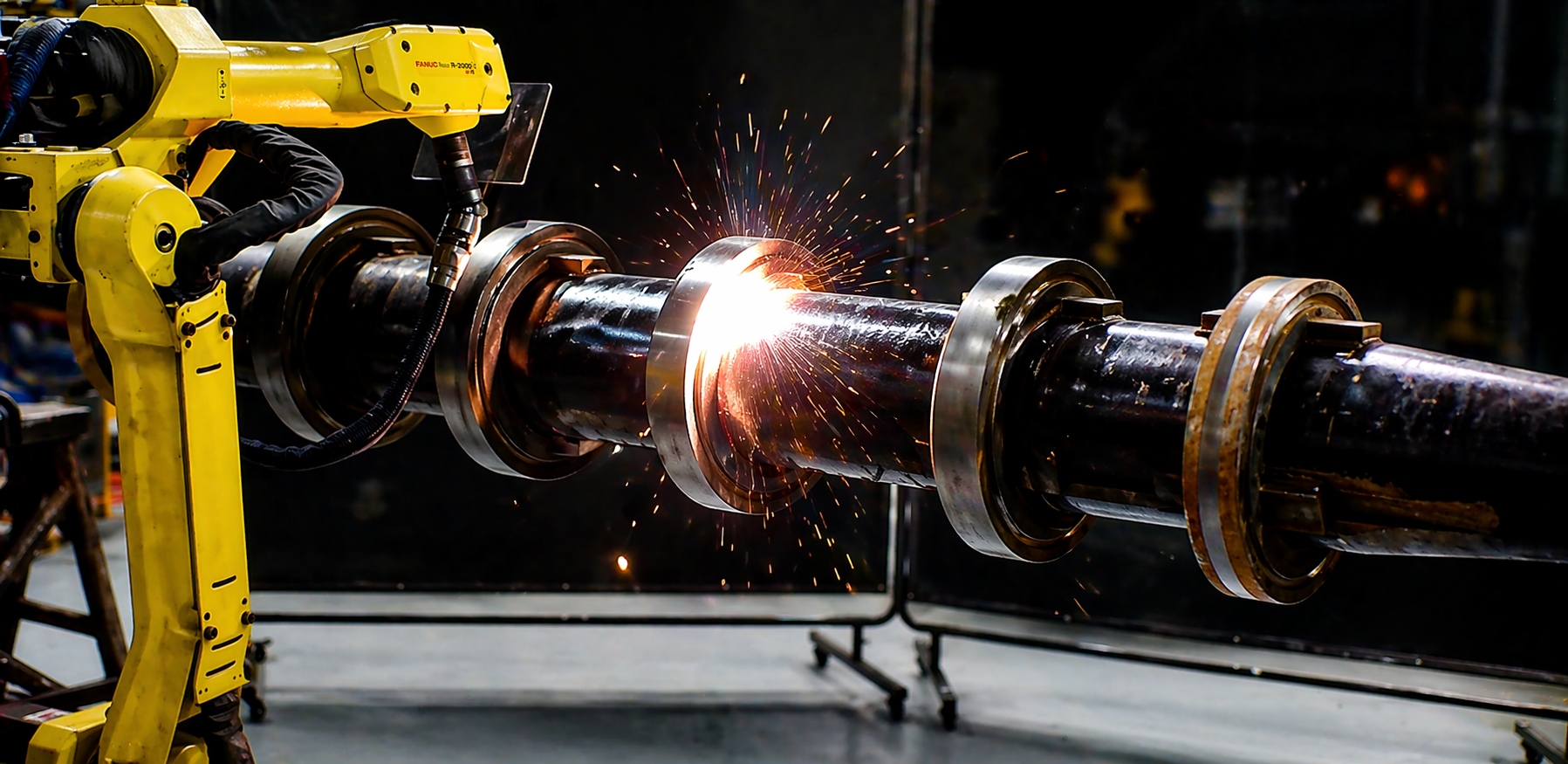 FANUC robotic arm laser-cleaning an industrial roll shaft in a Spectrum Advanced facility, sparks flying as the laser strips contamination from the metal surface